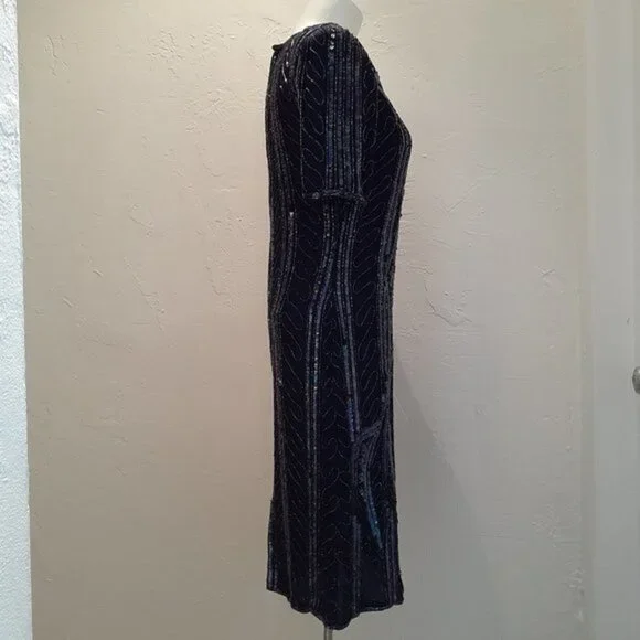 NWT VINTAGE SWEE LO Handmade Beaded & Sequin Navy Blue Cocktail Dress Deadstock - Picture 9 of 13
